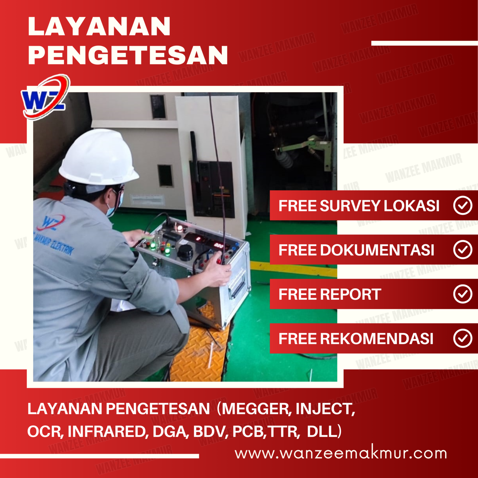 Kami juga menyediakan berbagai layanan pengetesan teknis secara menyeluruh untuk menjamin setiap komponen listrik berfungsi sesuai spesifikasi dan standar keamanan serta untuk mendeteksi potensi kegagalan sistem sejak dini seperti: Test Megger, Test Inject, Test OCR, Test Grounding, Test Infrared, Test DGA, Test BDV, Test PCB, Test TTR Trafo, dll